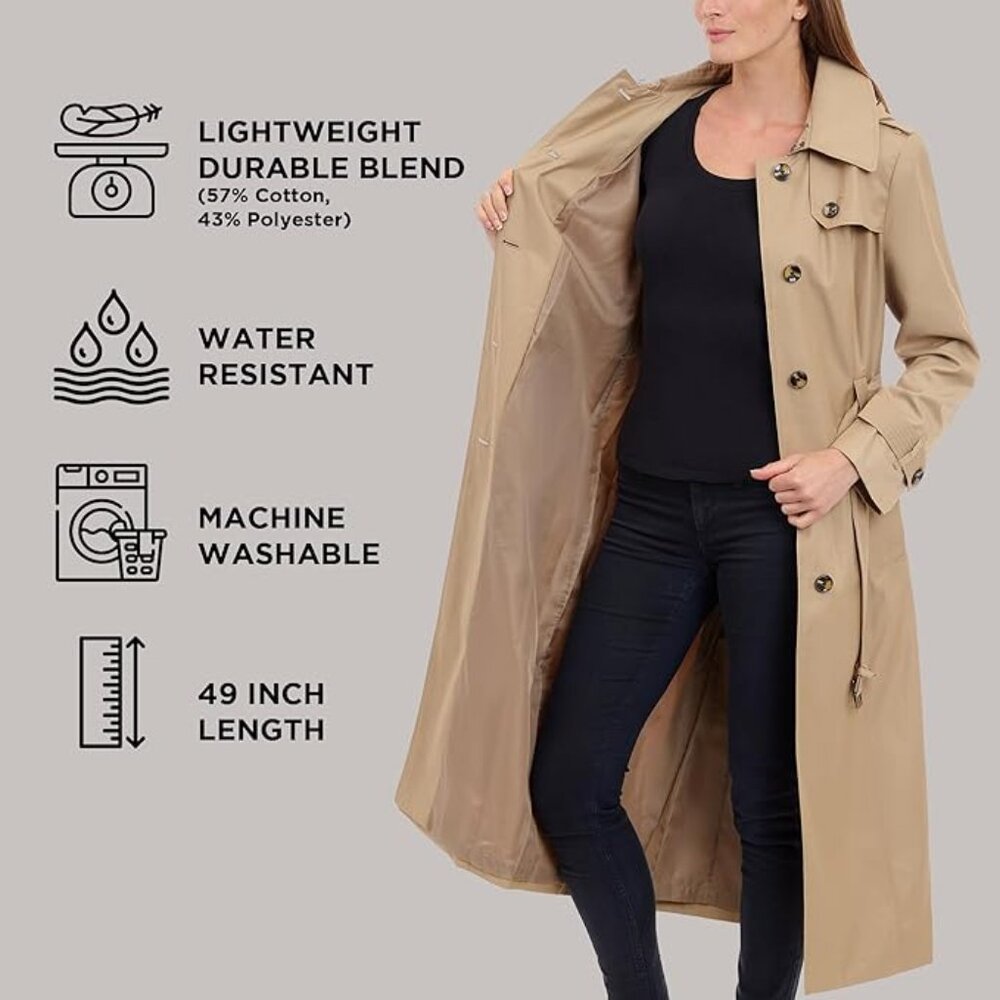 NWT- LONDON FOG SINGLE BREASTED LONG TRENCH COAT WITH EUPAULETTES AND BELT - Picture 8 of 11